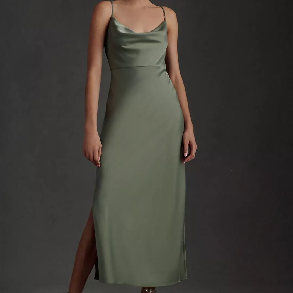 Anthropologie BHLDN Cali Satin Cowl-Neck Midi Slip Dress, Moss